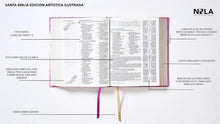 Cargar imagen en el visor de la galería, NUEVA BIBLIA DE LAS AMÉRICAS- EDICIÓN ARTÍSTICA ILUSTRADA TAPA DURA TELA ROSADO- PALABRAS DE JESÚS EN ROJO