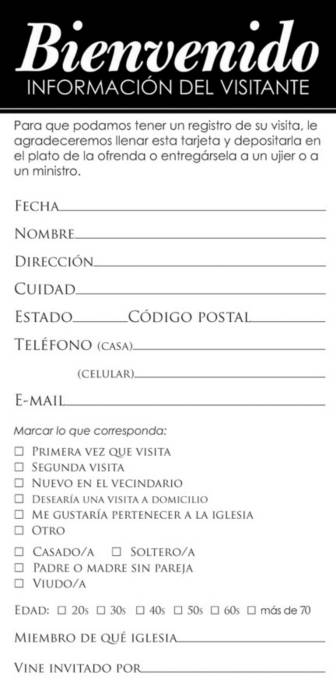 BIENVENIDO INFORMACIÓN DEL VISITANTE - TARJETA DEL VISITANTE PQT 50