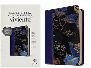 BIBLIA MANUAL NUEVA TRADUCCIÓN VIVIENTE- LETRA GRANDE CON FILAMENT AZUL OSCURO FLORES