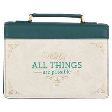 Cargar imagen en el visor de la galería, BIBLE COVER FASHION- TEAL WITH GOD ALL THINGS ARE POSIBLE MATTHEW 19:26
