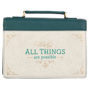 BIBLE COVER FASHION- TEAL WITH GOD ALL THINGS ARE POSIBLE MATTHEW 19:26