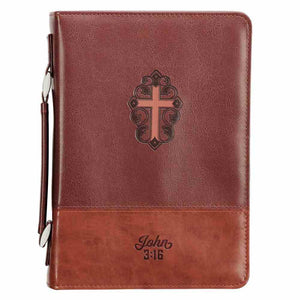 JOHN 3:16 TWO TONE BROWN FAUX LEATHER WITH CROSS COVER