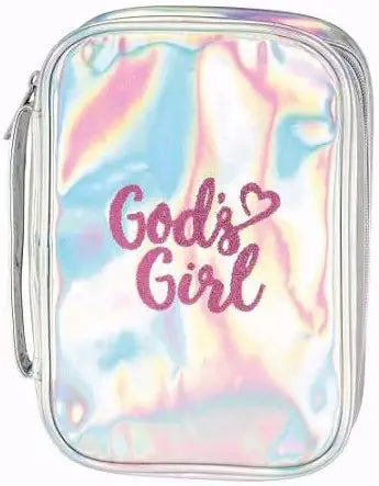 BIBLE COVER GODS GIRL- SHINY SILVER WITH PINK LETTERING
